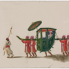 Closed green palanquin with umbrella, male passenger, four bearers in red robes, and one attendant