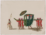 Closed green palanquin with umbrella, male passenger, four bearers in red robes, and one attendant