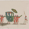 Closed green palanquin with umbrella, male passenger, four bearers in red robes, and one attendant
