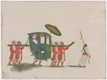 Closed green palanquin with umbrella, male passenger, four bearers in red robes, and one attendant