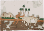 Man plowing field with two oxen, four small buildings in the background