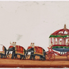 Elabroate red carriage with 5 attendants, drawn by 6 elephants with 6 mahouts