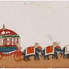 Elabroate red carriage with 5 attendants, drawn by 6 elephants with 6 mahouts