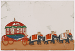 Elabroate red carriage with 5 attendants, drawn by 6 elephants with 6 mahouts