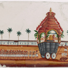 Chariot festival procession with red and black chariot drawn by dozens of men, with attendants