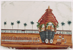 Chariot festival procession with red and black chariot drawn by dozens of men, with attendants
