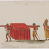 Red draped litter with female passenger, 2 carriers, and female attendant in yellow sari