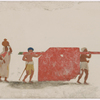Red draped litter with female passenger, 2 carriers, and female attendant in yellow sari