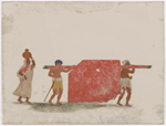 Red draped litter with female passenger, 2 carriers, and female attendant in yellow sari