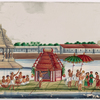 River festival procession of floating green barge with red temple, polers, musicians, aristocrats, attendants, and white temple in background