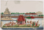 River festival procession of floating green barge with red temple, polers, musicians, aristocrats, attendants, and white temple in background