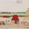 River festival procession of floating green barge with red temple, polers, musicians, aristocrats, attendants, and white temple in background
