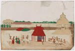 River festival procession of floating green barge with red temple, polers, musicians, aristocrats, attendants, and white temple in background