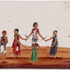 2 male musicians and 4 dancing/playing girls with sticks in circle