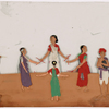 2 male musicians and 4 dancing/playing girls with sticks in circle