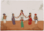 2 male musicians and 4 dancing/playing girls with sticks in circle