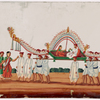 Festival procession, musicians and white robed attendants bearing green litter with elaborate white canopy, carrying a man and a woman