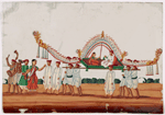 Festival procession, musicians and white robed attendants bearing green litter with elaborate white canopy, carrying a man and a woman