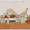 Festival procession, musicians and white robed attendants bearing green litter with elaborate white canopy, carrying a man and a woman