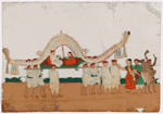 Festival procession, musicians and white robed attendants bearing green litter with elaborate white canopy, carrying a man and a woman