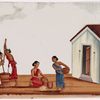 Four female laborers washing in front of white building