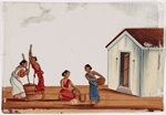 Four female laborers washing in front of white building