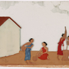 Four female laborers washing in front of white building