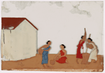 Four female laborers washing in front of white building