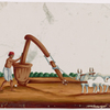 Male miller with two oxen, seated man in the background