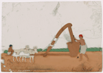 Male miller with two oxen, seated man in the background