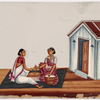 Two women sitting in front of baskets, on black rug in front of white building