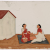 Two women sitting in front of baskets, on black rug in front of white building