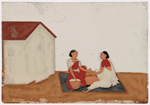 Two women sitting in front of baskets, on black rug in front of white building