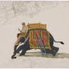 Mahout on knealing black elephant with empty yellow howdah and blue ladder