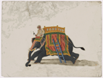 Mahout on knealing black elephant with empty yellow howdah and blue ladder