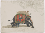 Mahout on knealing black elephant with empty yellow howdah and blue ladder