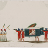 Black palanquin with male passenger, four bearers in red coats following  two attendants with spears