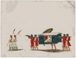 Black palanquin with male passenger, four bearers in red coats following  two attendants with spears