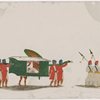 Black palanquin with male passenger, four bearers in red coats following  two attendants with spears