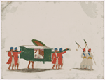 Black palanquin with male passenger, four bearers in red coats following  two attendants with spears