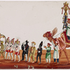 Festival procession with musicians, attendants, bear, man dressed as tiger etc., and costumed camel with rider bearing idol