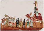 Festival procession with musicians, attendants, bear, man dressed as tiger etc., and costumed camel with rider bearing idol