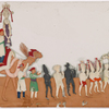 Festival procession with musicians, attendants, bear, man dressed as tiger etc., and costumed camel with rider bearing idol