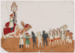Festival procession with musicians, attendants, bear, man dressed as tiger etc., and costumed camel with rider bearing idol