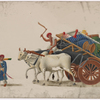 Two white oxen pulling cart bearing furniture and driver, following attendant in blue coat