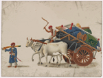 Two white oxen pulling cart bearing furniture and driver, following attendant in blue coat