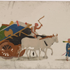 Two white oxen pulling cart bearing furniture and driver, following attendant in blue coat