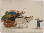 Two white oxen pulling cart bearing furniture and driver, following attendant in blue coat