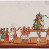 Festival procession with Hanuman/green monkey god figure on litter, 8 bearers with shaved heads, attendants, and a crowd of onlookers making ofeerings