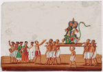 Festival procession with Hanuman/green monkey god figure on litter, 8 bearers with shaved heads, attendants, and a crowd of onlookers making ofeerings
